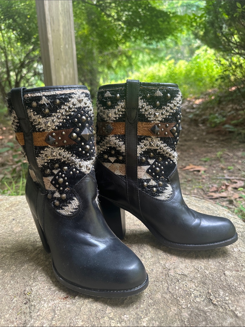 Frye Black Leather & Patterned Knit Heeled Boots